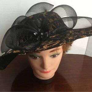 Dramatic Black and Gold Wide-Brimmed Hat- by Mr Hi’s rhinestones, sequins.